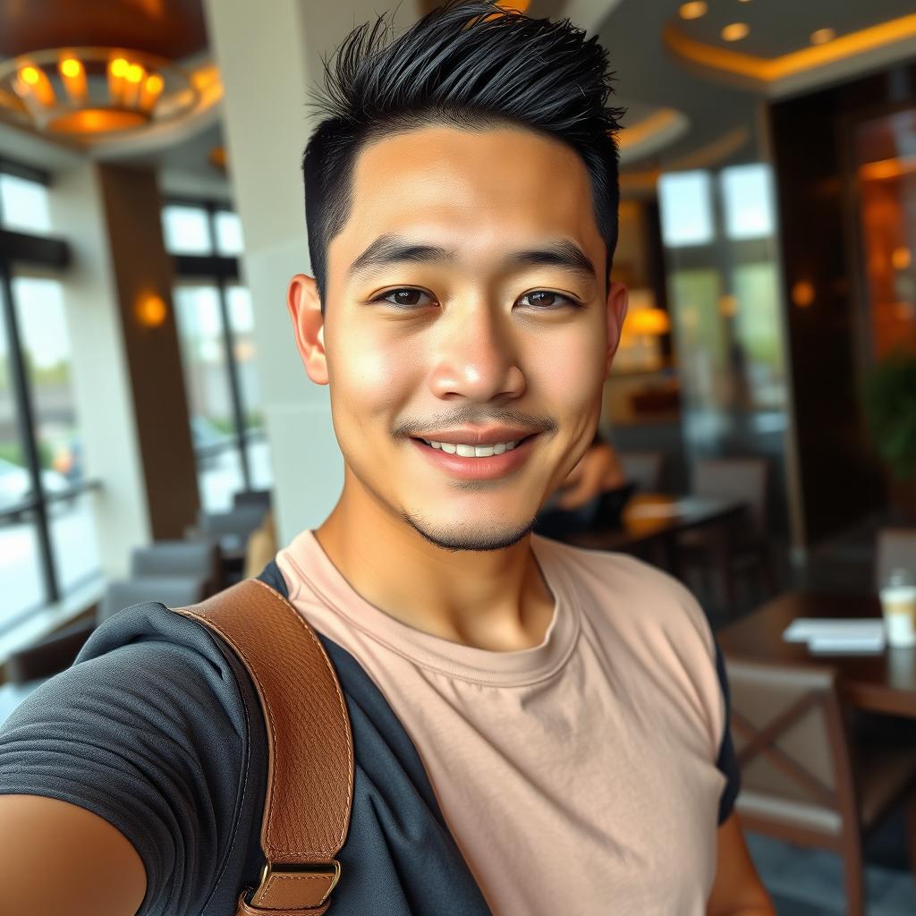 A 30-year-old man of mixed Thai and Korean descent, featuring very short hair and dressed in a stylish casual outfit that hints at a little wealth, taking a selfie