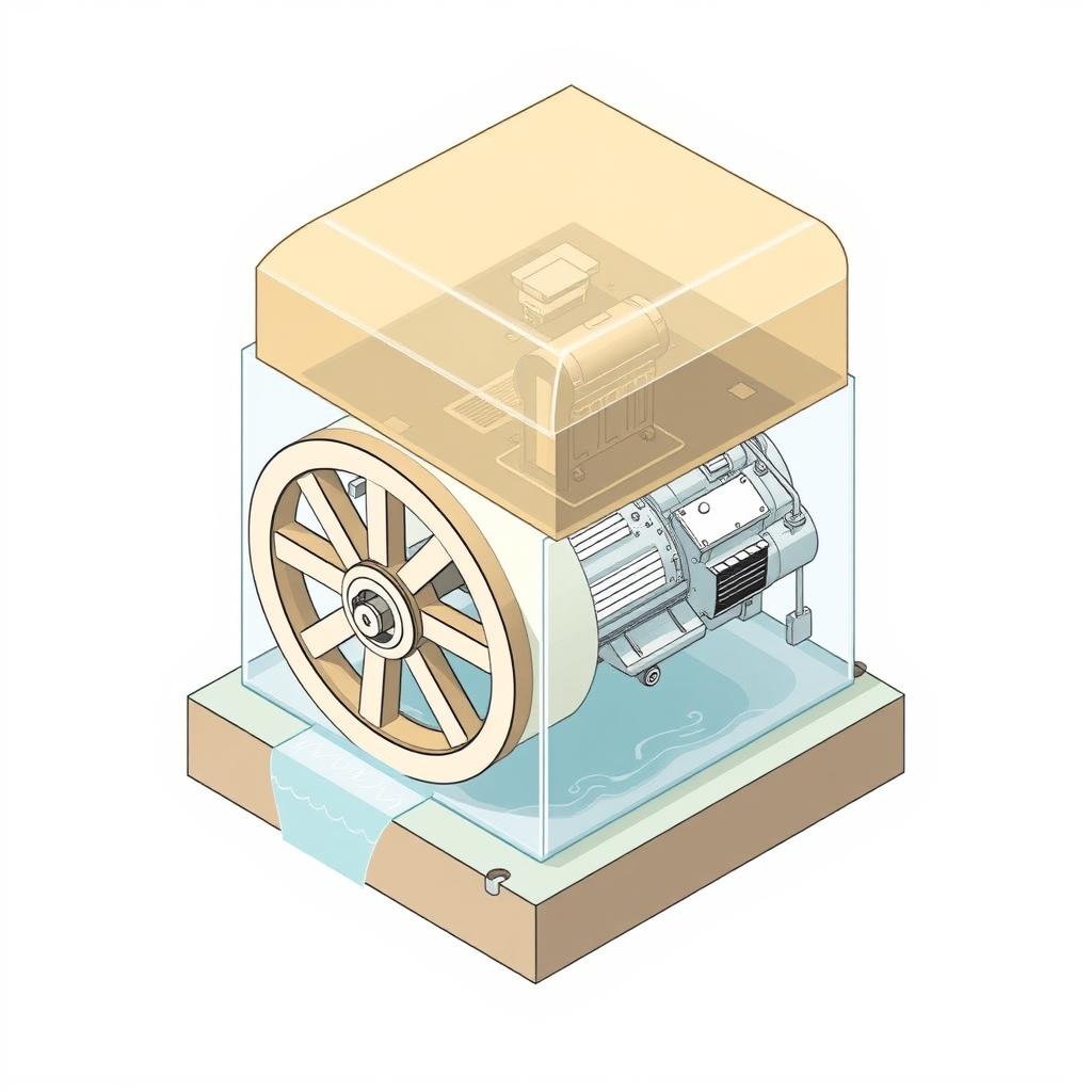 An isometric drawing of a mini hydropower plant (mini HPP) featuring a closed rotating wheel (turbine) with a light brown semi-transparent plastic casing on top