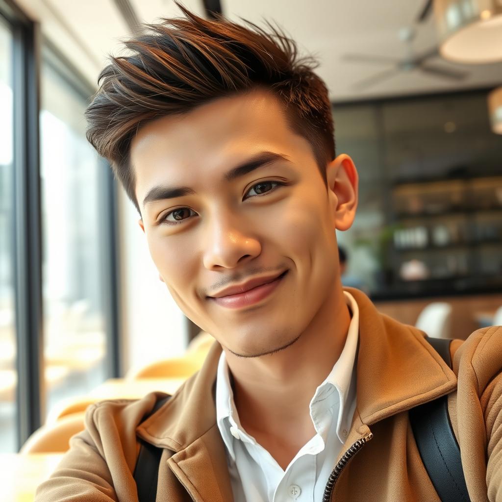 A 30-year-old man of mixed Thai and Japanese descent, featuring very, very short hair with a natural look, dressed in a casual yet stylish outfit that hints at a little wealth, taking a selfie