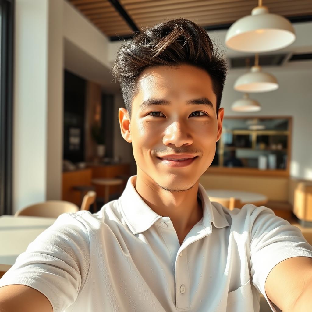 A 30-year-old man of mixed Thai and Japanese descent, featuring very, very short hair styled naturally, dressed in a casual yet sophisticated outfit that suggests a touch of affluence