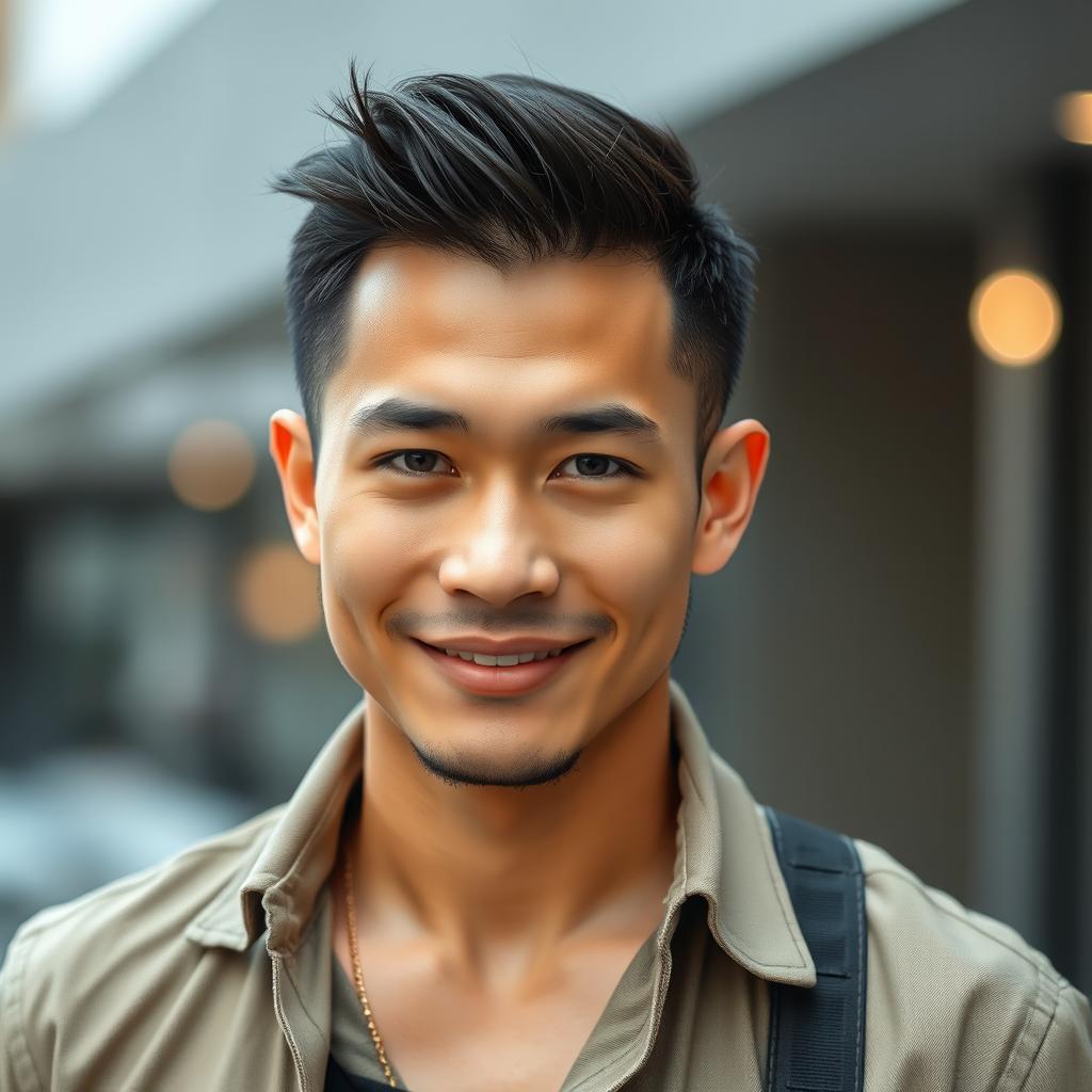 A 30-year-old man with a mixed heritage of Thai, Japanese, and Russian descent, featuring very short hair styled casually, dressed in a stylish yet casual outfit