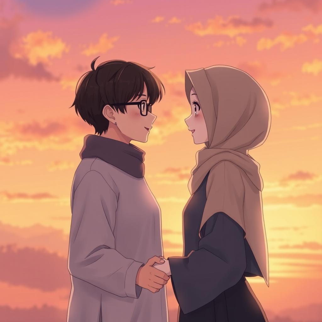 A romantic couple at sunset, featuring a hijabi woman wearing glasses and a soft hijab