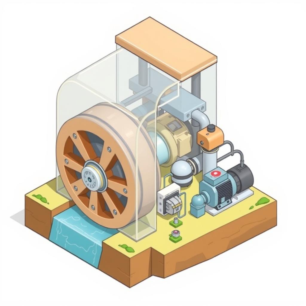 An isometric drawing of a mini hydropower plant featuring a rotating closed wheel (turbine) with a light brown semi-transparent plastic casing on top