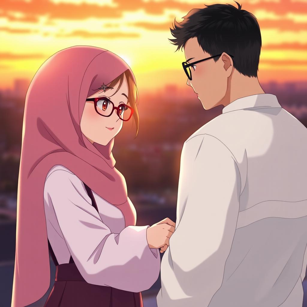 A romantic couple at sunset, featuring a hijabi woman wearing glasses and a soft hijab, alongside a man without glasses