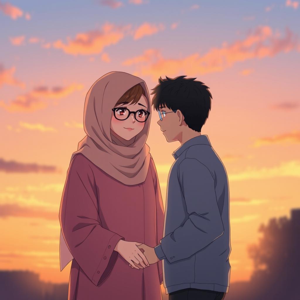 A romantic couple at sunset, featuring a hijabi woman wearing glasses and a soft hijab that does not reveal her hair