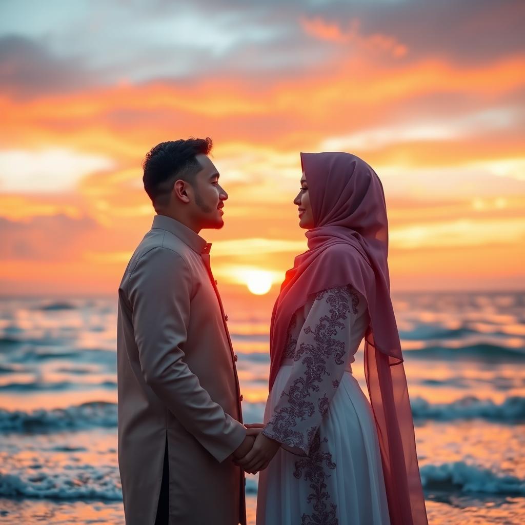 A romantic scene depicting a beautiful Muslim couple in love, standing together against a stunning sunset backdrop