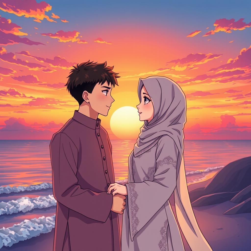 An anime-style depiction of a romantic Muslim couple in love, standing against a breathtaking sunset backdrop