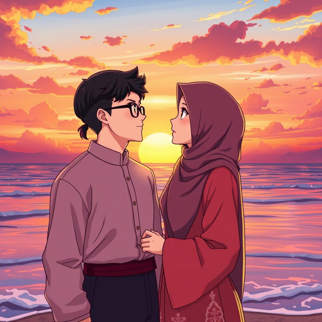 An anime-style depiction of a romantic Muslim couple in love, standing against a breathtaking sunset backdrop