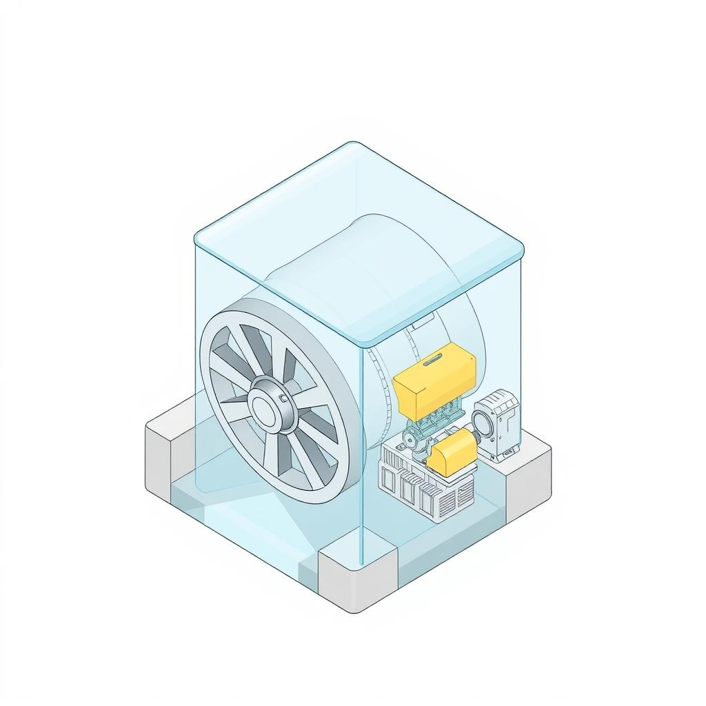 An isometric drawing of a mini hydropower plant (mini HPP) featuring a closed rotating wheel (turbine) with a light blue semi-transparent plastic casing on top