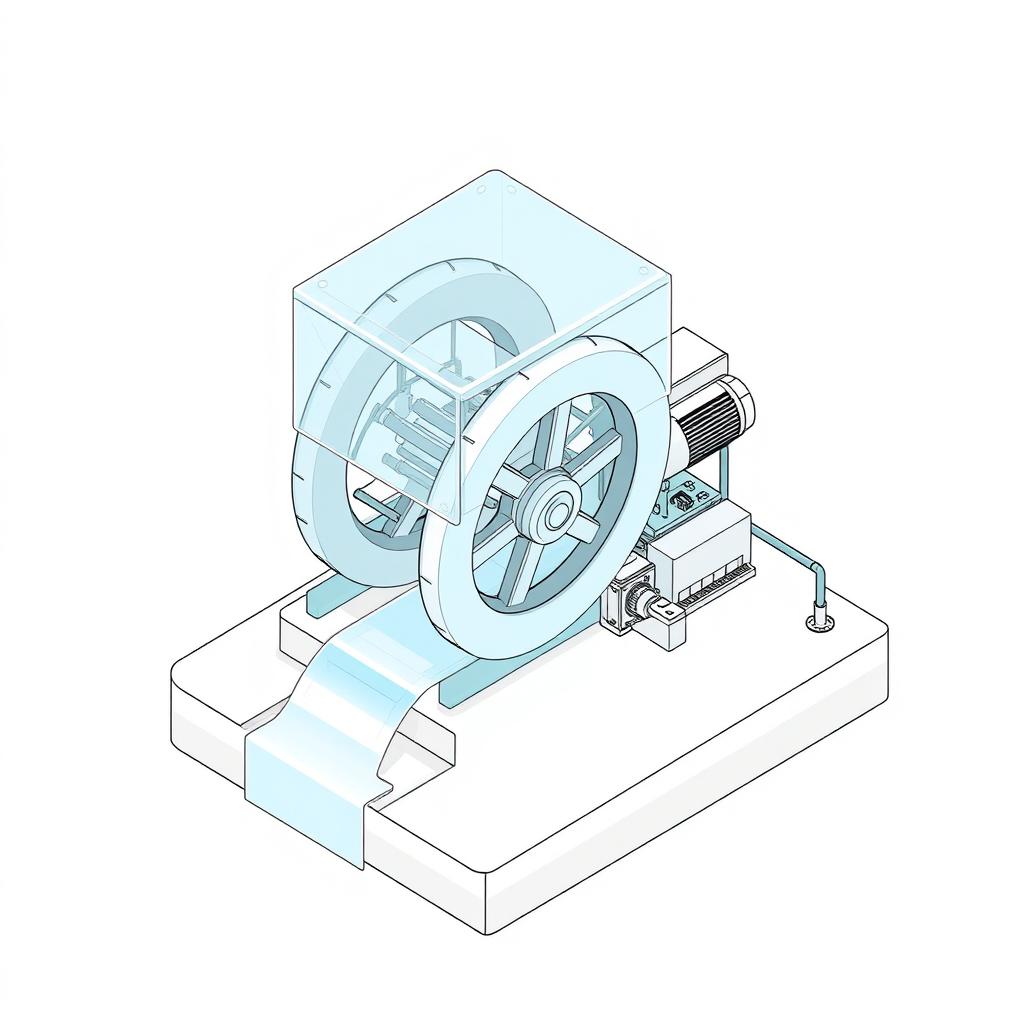 An isometric drawing of a mini hydropower plant (mini HPP) featuring a closed rotating wheel (turbine) with a light blue semi-transparent plastic casing on top