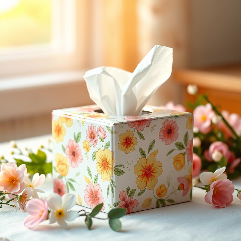 A beautifully designed tissue box with intricate floral patterns, featuring a vibrant color palette of pastel pinks, yellows, and greens