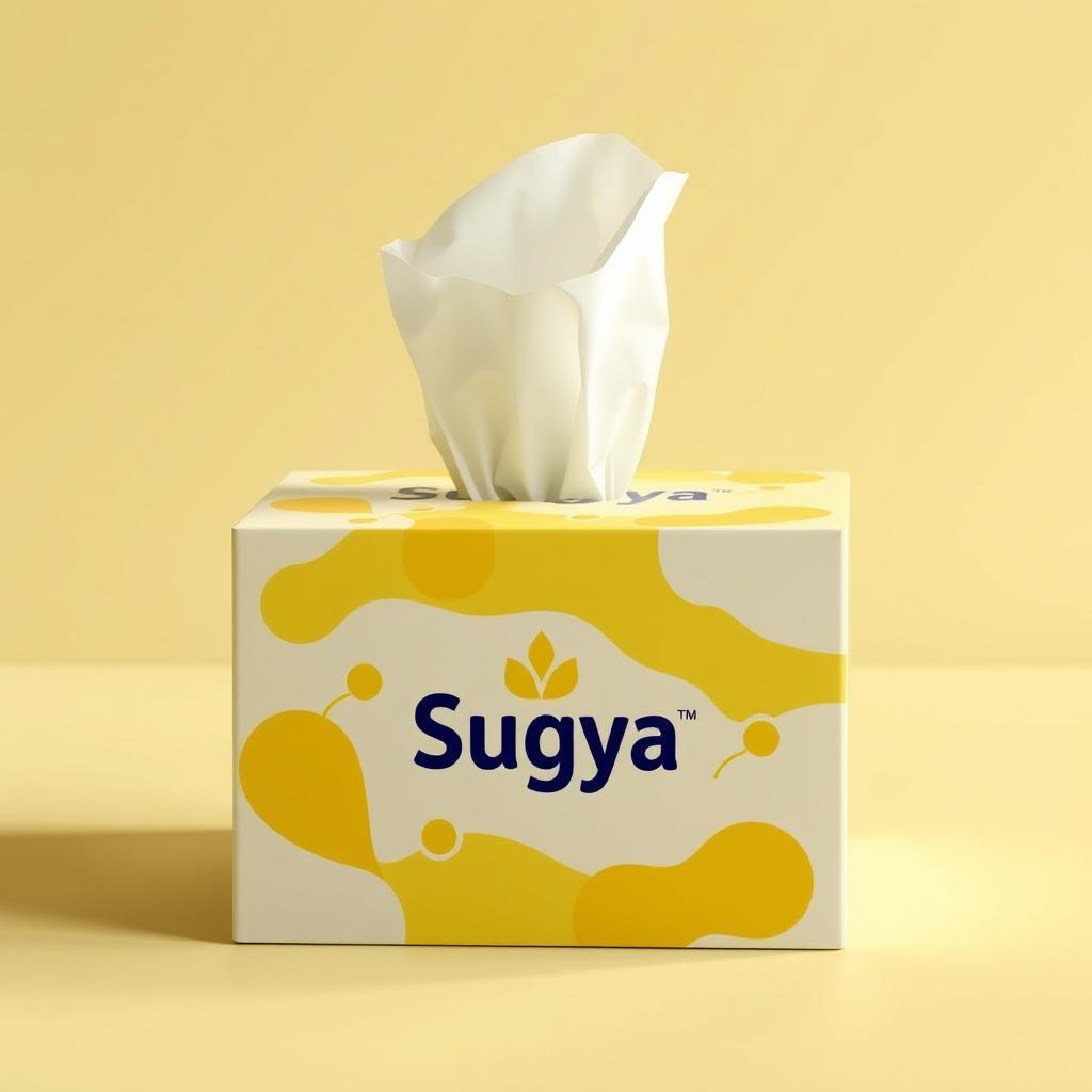 A custom-designed tissue box for 'Sugya' organization, featuring a bright yellow color scheme