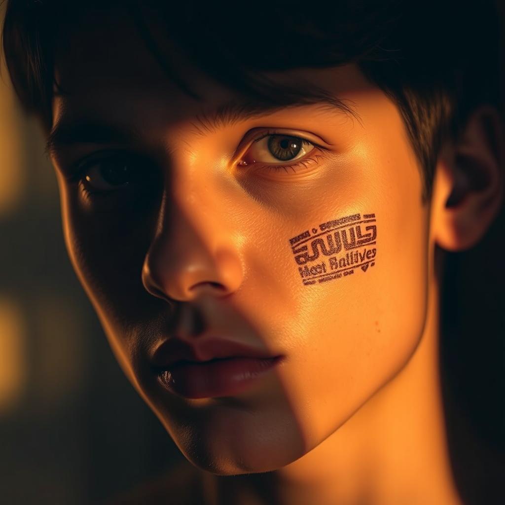 An artistic portrait of a person capturing a unique facial scar located between the nose and mouth on the right side of the face