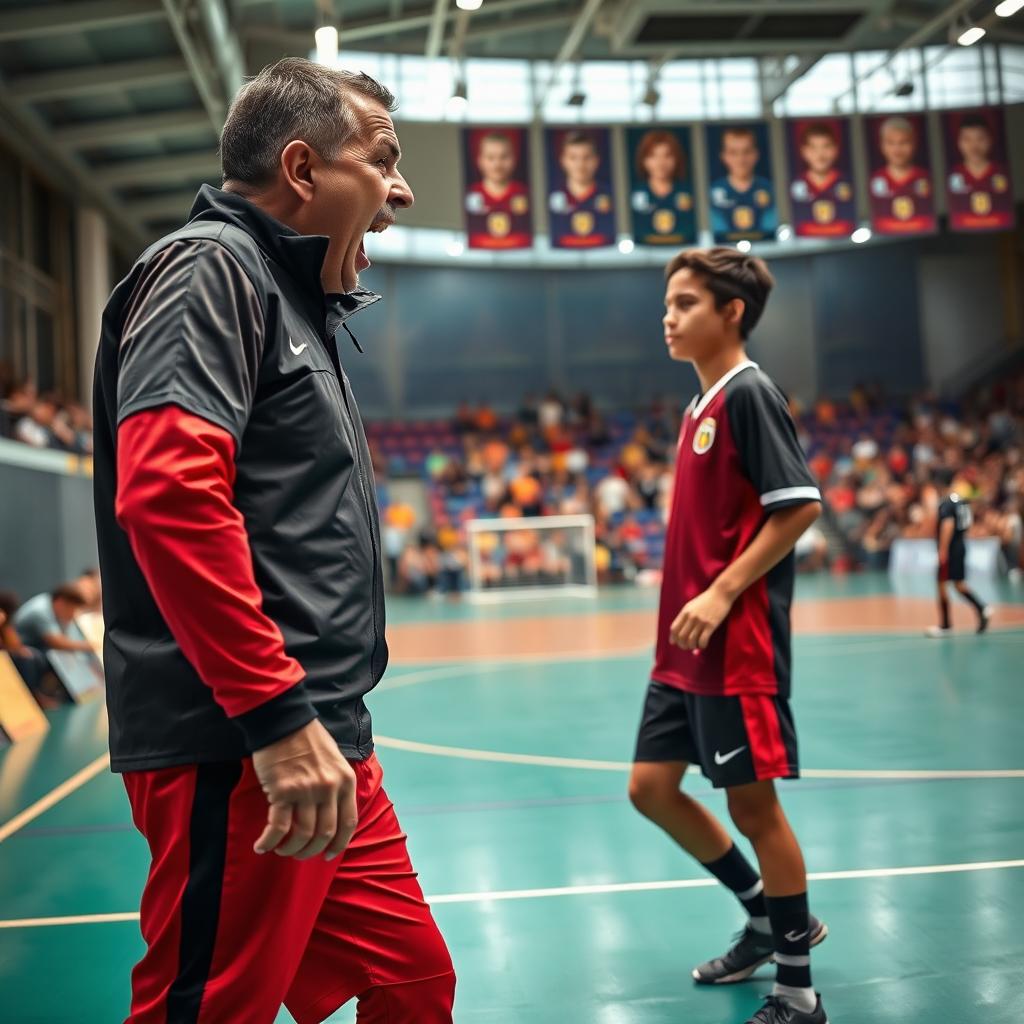 A realistic photograph of a passionate futsal coach, dressed in a black and red outfit, yelling in anger and motivation in a sports hall