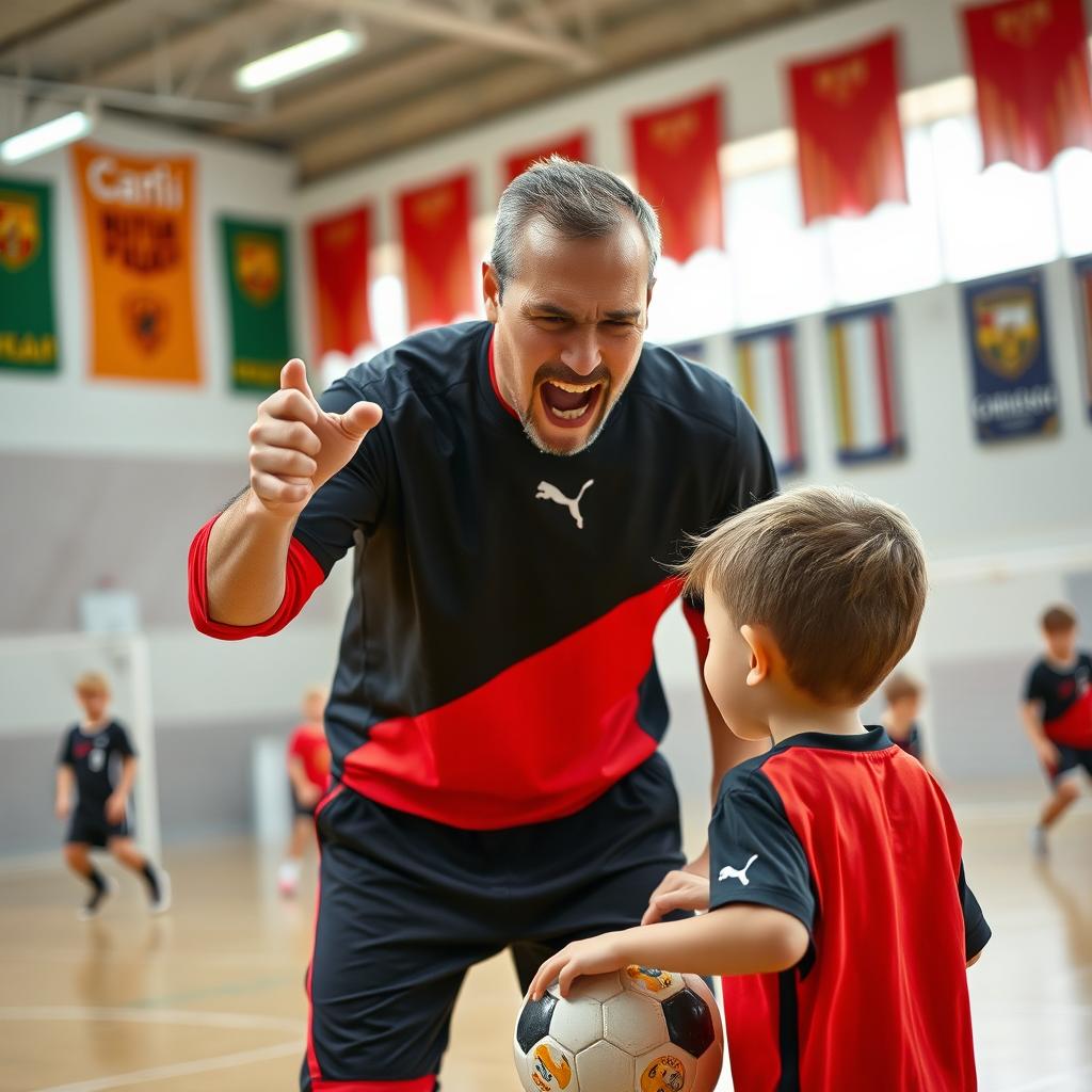 A realistic photograph of a father, dressed in a black and red sports outfit, passionately shouting in anger while coaching a child in a futsal gymnasium