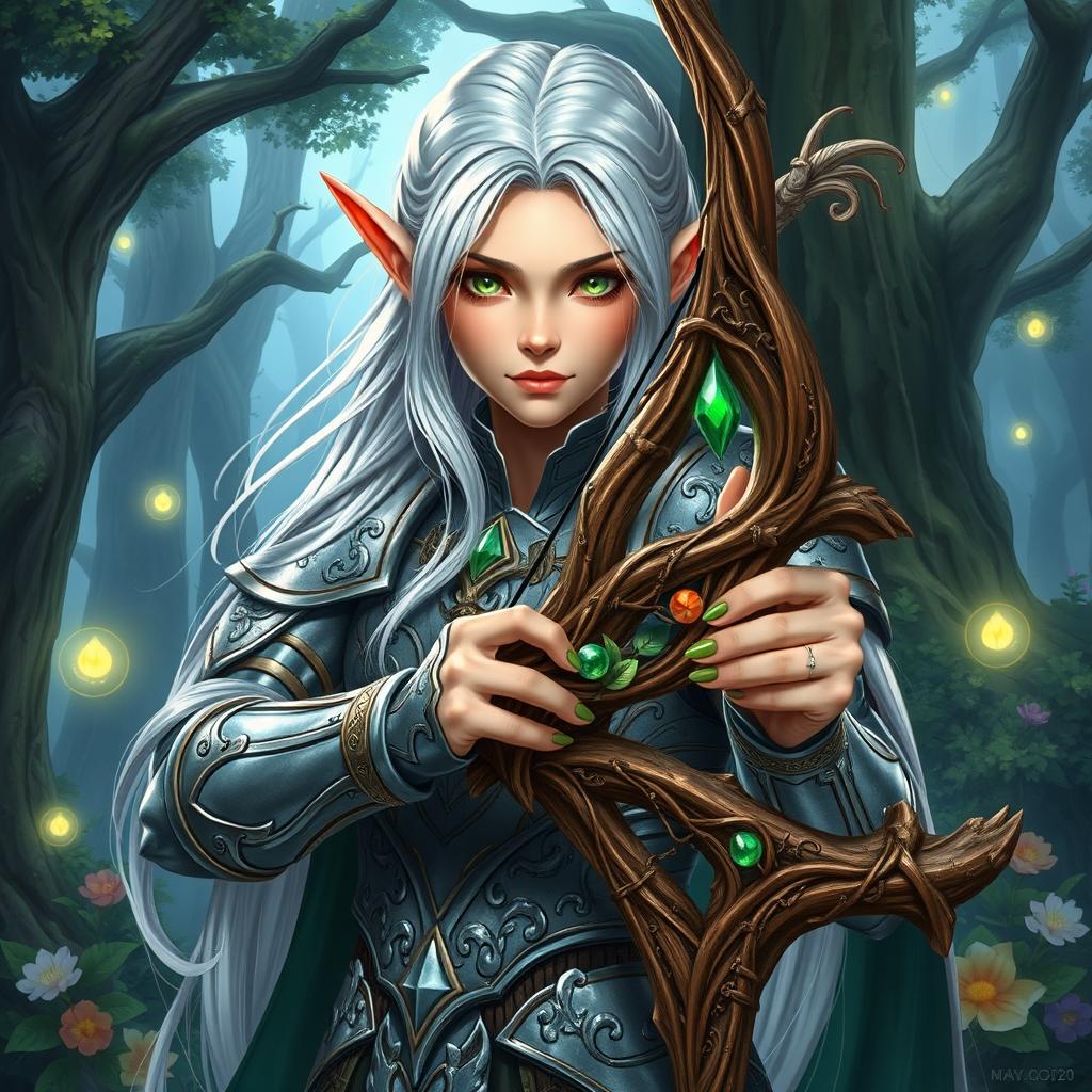 A detailed fantasy character illustration featuring a majestic elf warrior with long flowing silver hair and piercing green eyes