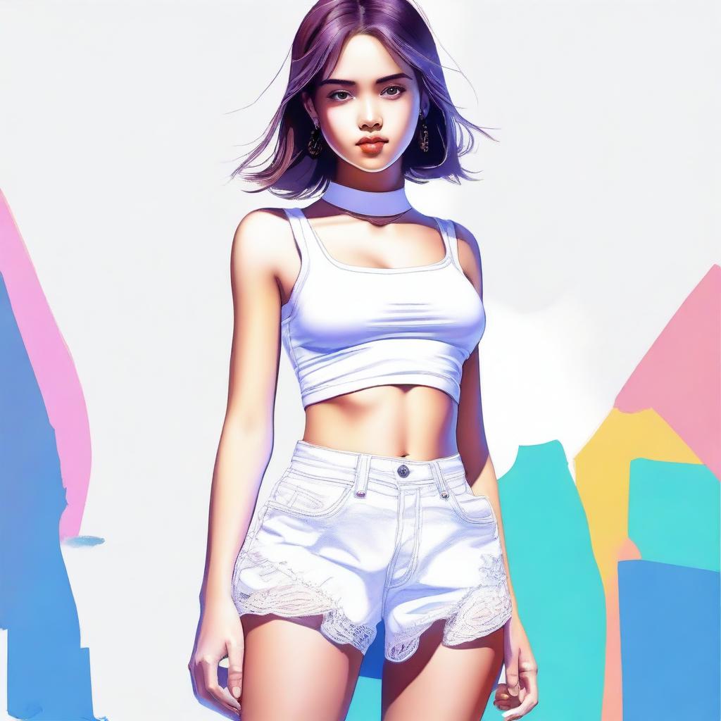 A digital art image of a girl dressed in a short skirt, white top, white underwear, and white shoes