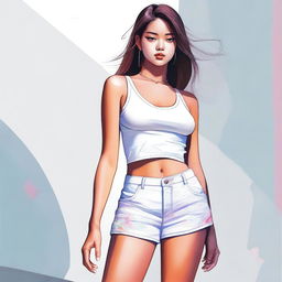 A digital art image of a girl dressed in a short skirt, white top, white underwear, and white shoes