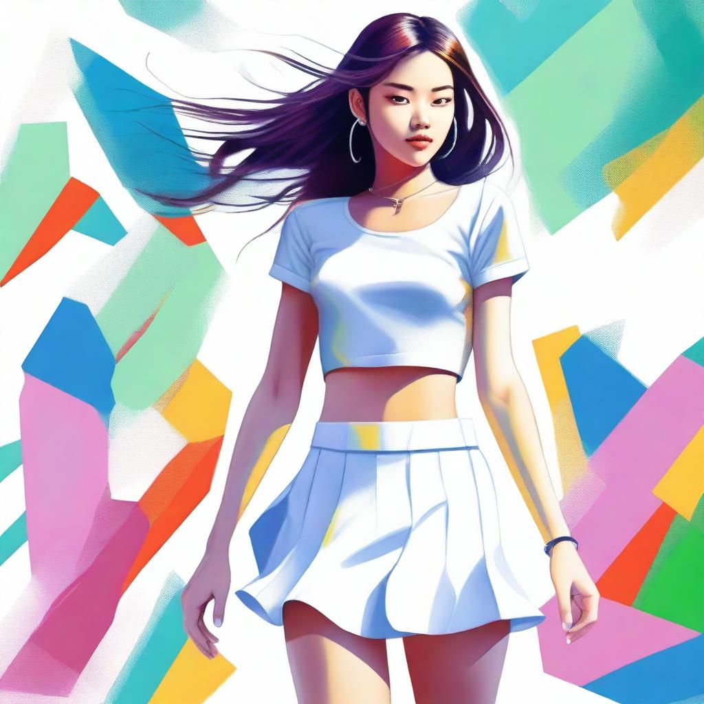 A digital art image of a girl dressed in a short skirt, white top, white underwear, and white shoes