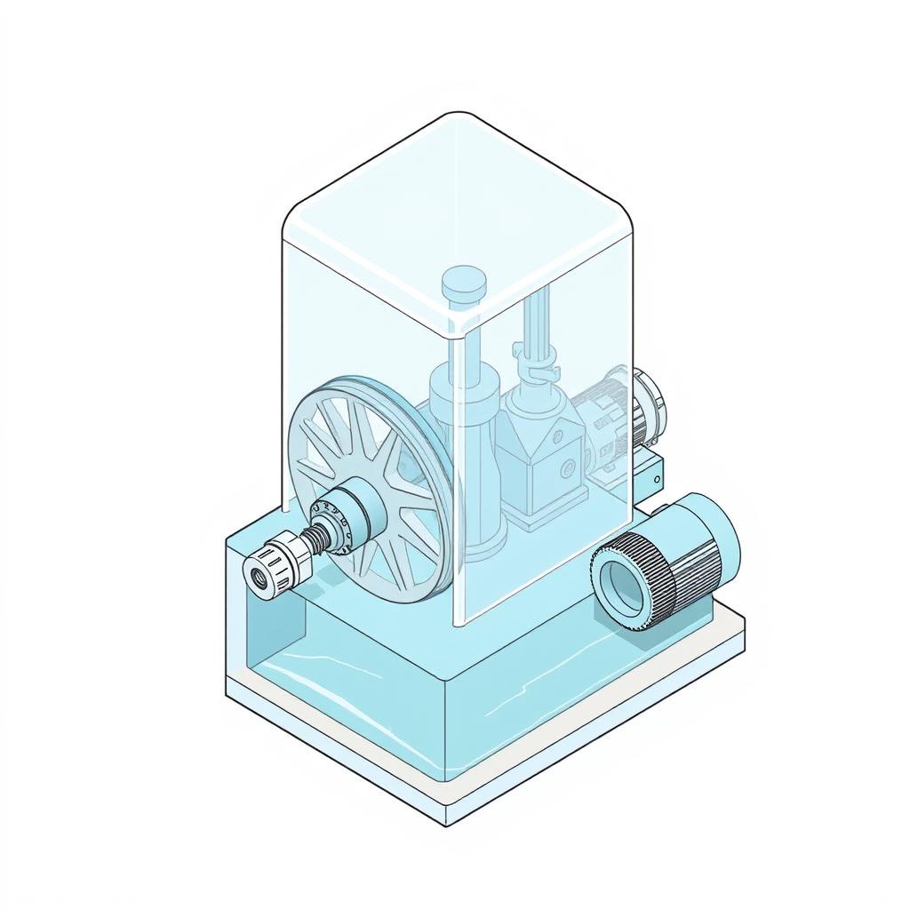 An isometric drawing of a mini hydropower plant featuring a rotating closed wheel (turbine), a shaft, and a generator