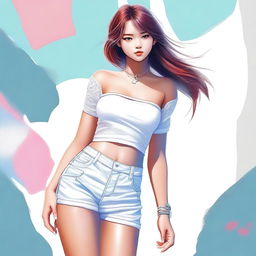 A digital art image of a girl dressed in a short skirt, white top, white underwear, and white shoes