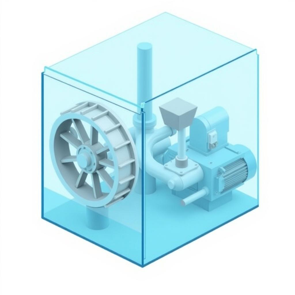 An isometric drawing of a mini hydropower plant (mini HPP) featuring a closed rotating wheel (turbine), a shaft, and a generator
