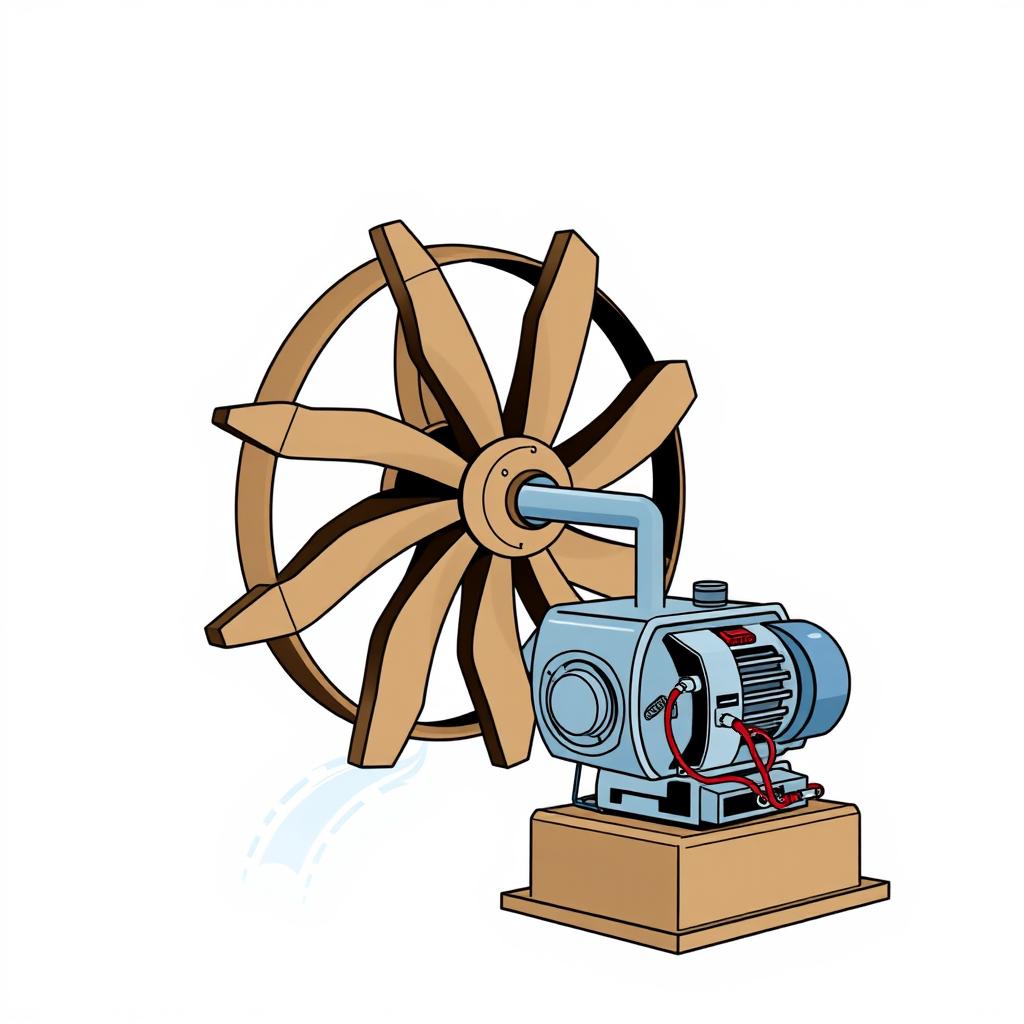 An illustration of a wheel with blades (turbine) connected via a shaft to a generator