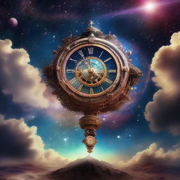 A cosmic clock in a surreal setting. It's suspended in a starry, nebula-filled sky, while celestial bodies orbit it on unseen tracks. The clock itself is an intricate piece of cosmic engineering.