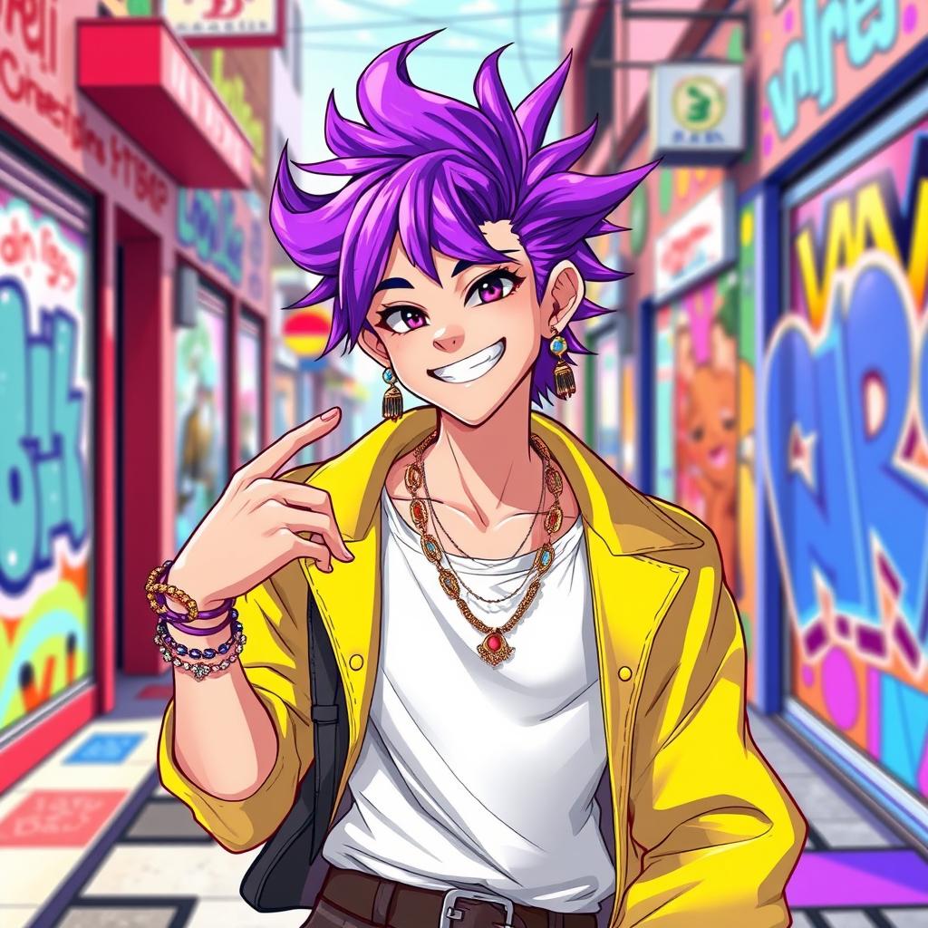 A stylish young male character with vibrant purple hair, exuding a confident and flamboyant attitude