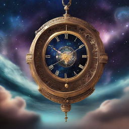 A cosmic clock in a surreal setting. It's suspended in a starry, nebula-filled sky, while celestial bodies orbit it on unseen tracks. The clock itself is an intricate piece of cosmic engineering.