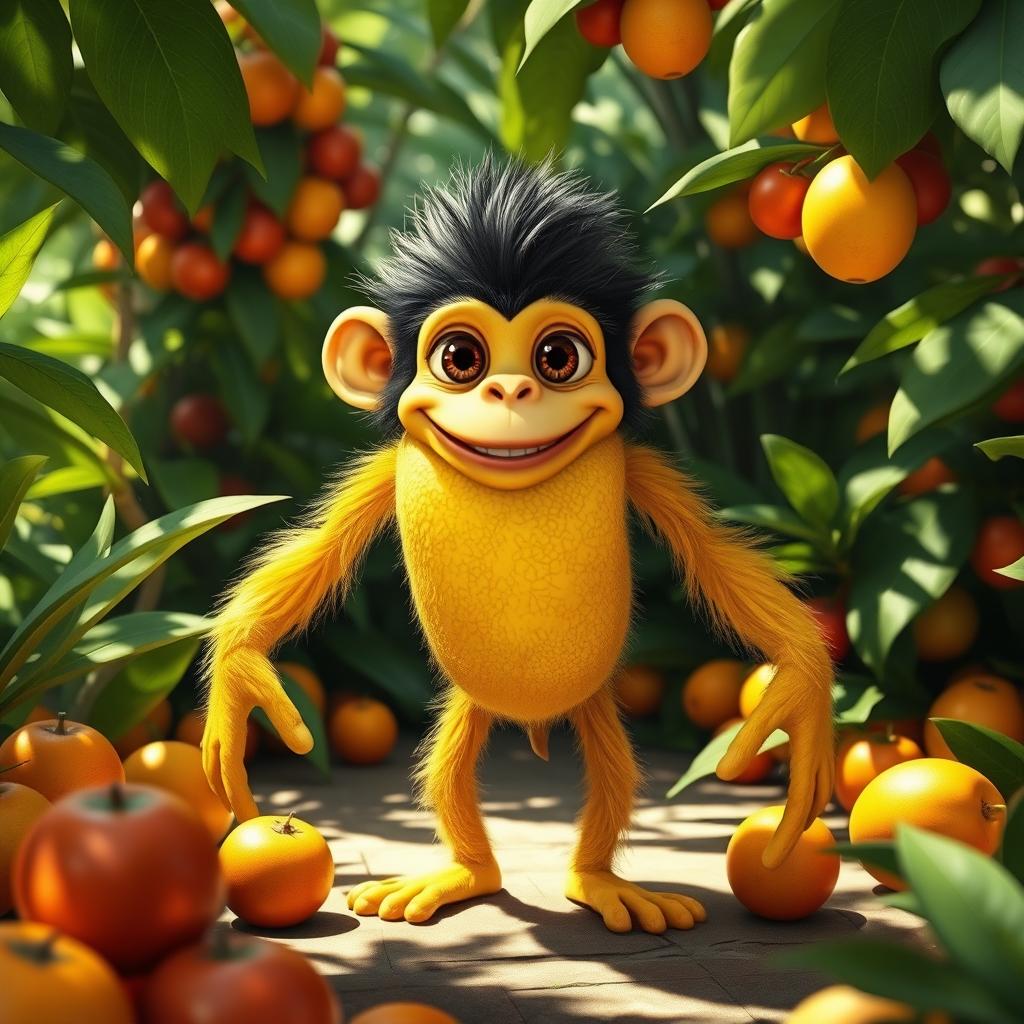 A whimsical creature that is a hybrid of a chimpanzee and a lemon, featuring a furry body resembling a chimpanzee but with bright yellow skin resembling a lemon's texture