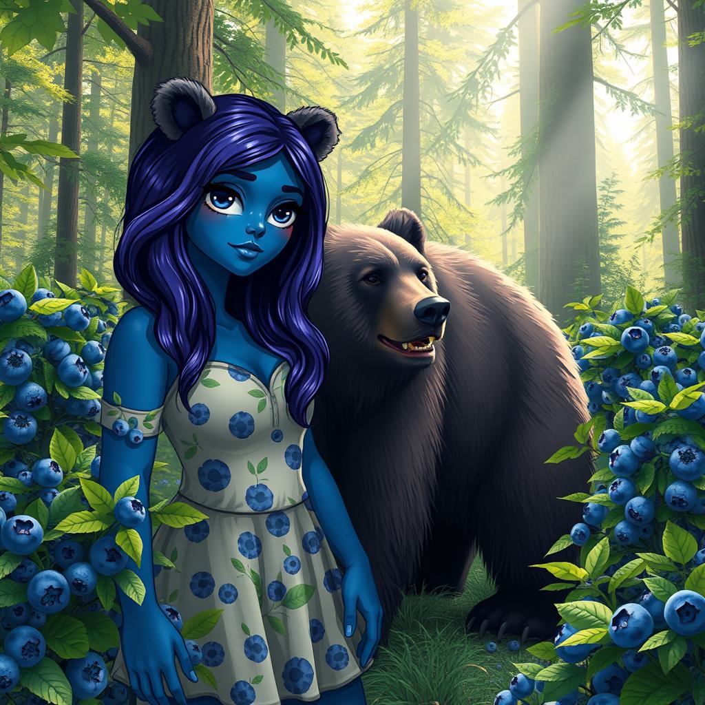 A whimsical scene featuring a grizzly bear standing next to a woman who embodies the essence of blueberries