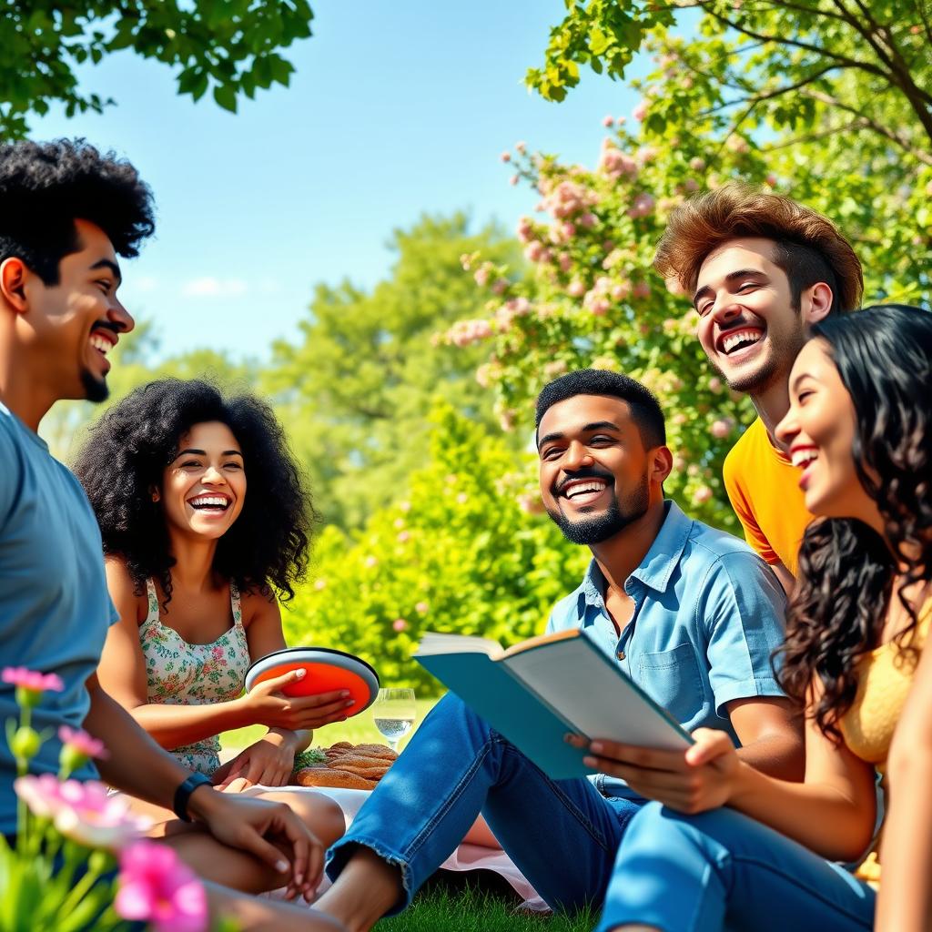 A vibrant and lively scene featuring a group of friends enjoying a sunny day at a park