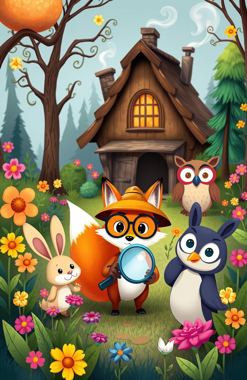 A whimsical scene illustrating a children's detective story, featuring a group of playful, cartoonish animal characters solving a mystery