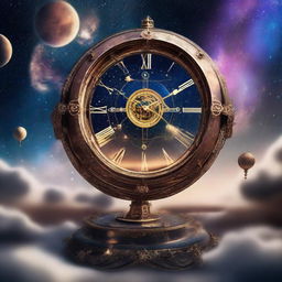 A cosmic clock in a surreal setting. It's suspended in a starry, nebula-filled sky, while celestial bodies orbit it on unseen tracks. The clock itself is an intricate piece of cosmic engineering.