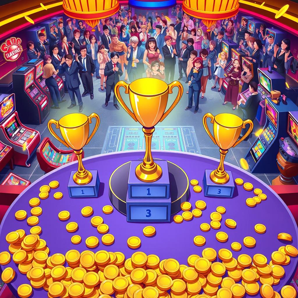 An engaging anime-style illustration showcasing a casino scene centered around an elegant table adorned with gleaming trophies for first, second, and third place winners