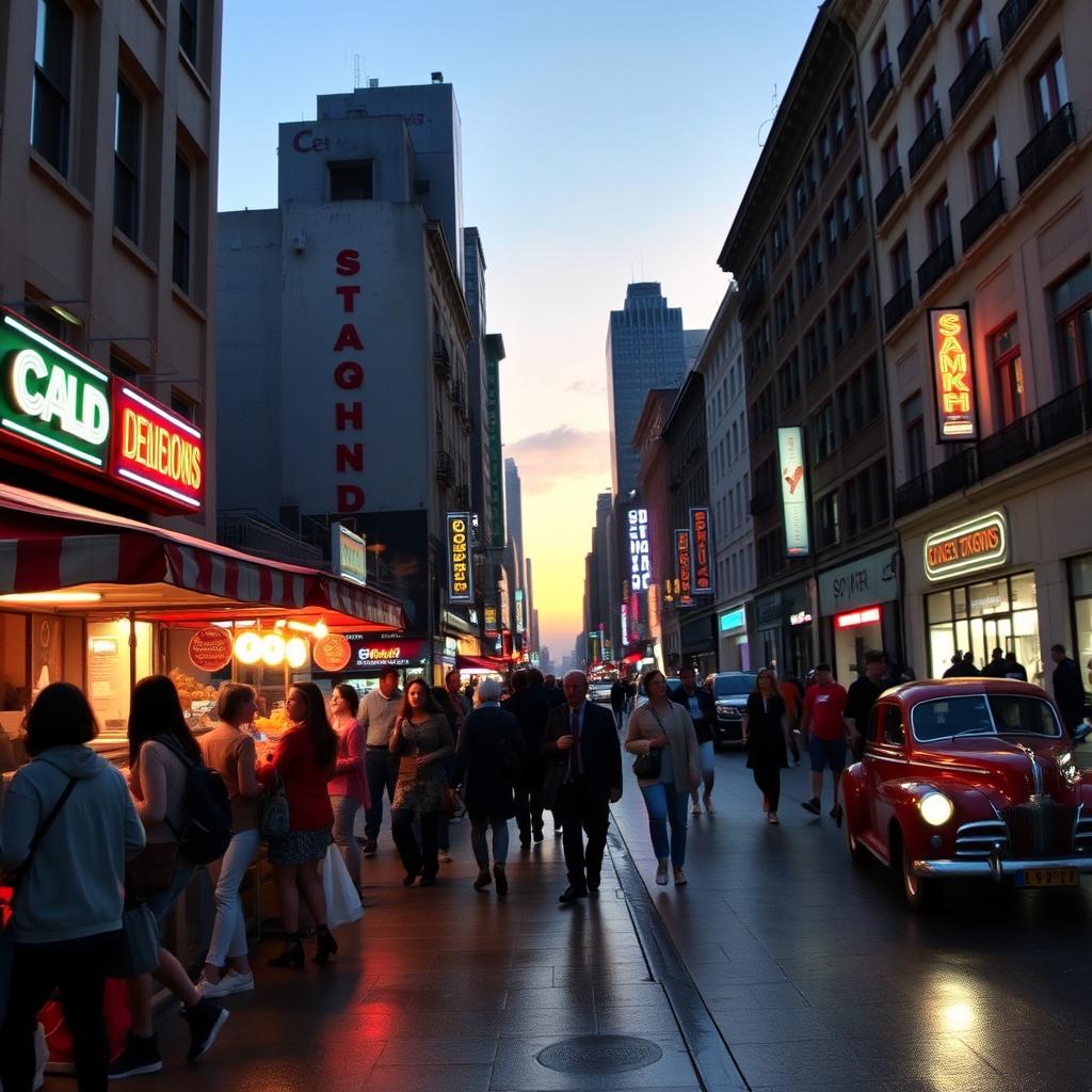 A bustling city street at dusk in 2007, with a vibrant mix of modern buildings and classic architecture