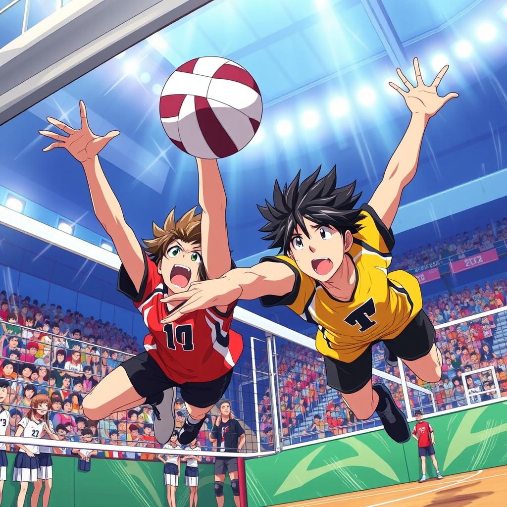 An action-packed scene showcasing a thrilling volleyball match inspired by the anime series Haikyuu