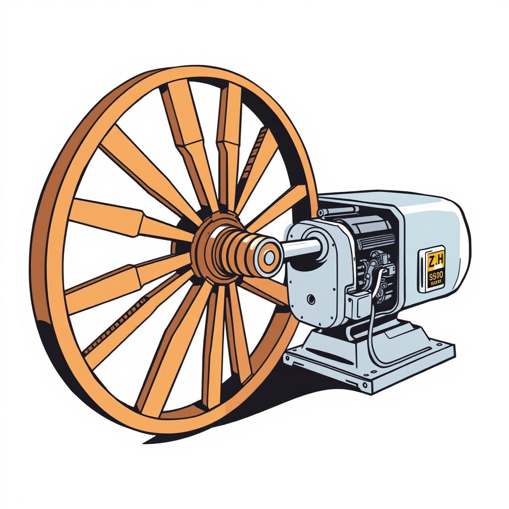 An illustration of a wheel with blades (like a water wheel or turbine), connected via a sturdy shaft to a generator
