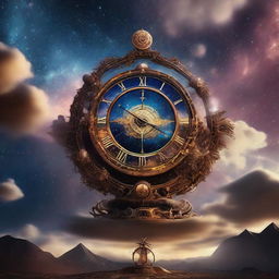 A cosmic clock in a surreal setting. It's suspended in a starry, nebula-filled sky, while celestial bodies orbit it on unseen tracks. The clock itself is an intricate piece of cosmic engineering.