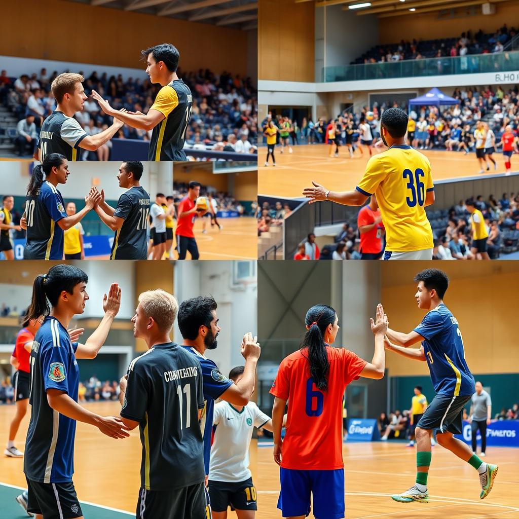 A vibrant and dynamic collage of real-life images showcasing sportsmanship in futsal