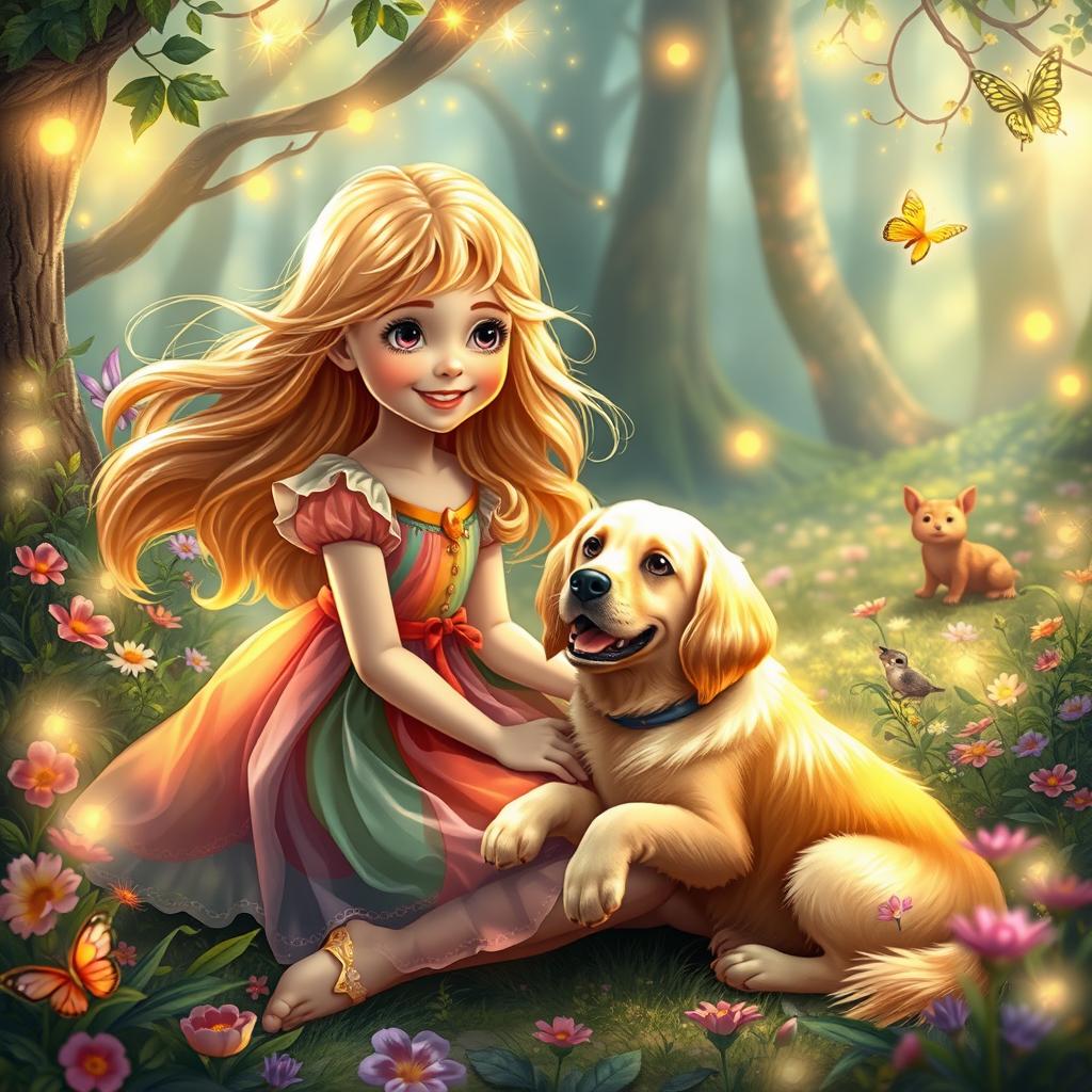 A whimsical fairy tale scene featuring a young girl with flowing golden hair wearing a colorful, flowing dress, sitting in a lush, enchanted forest