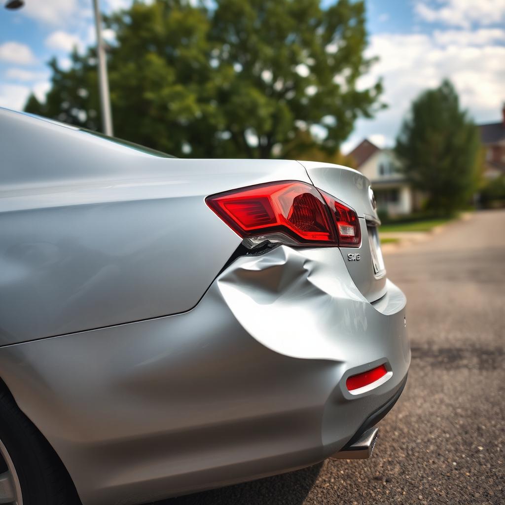 An image of a silver sedan parked on a street that has clearly been rear-ended