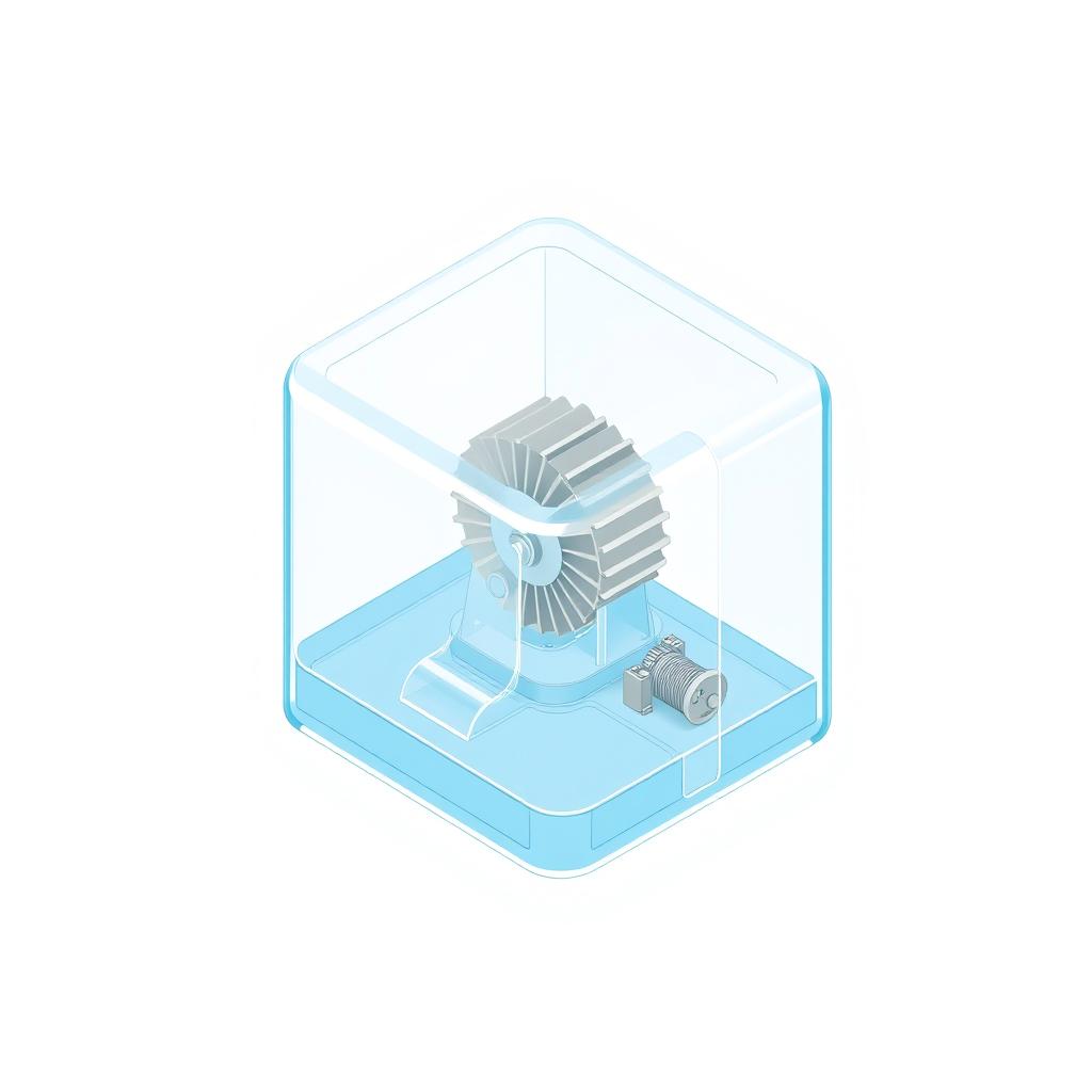 An isometric drawing of a mini hydroelectric power station featuring a rotating closed wheel