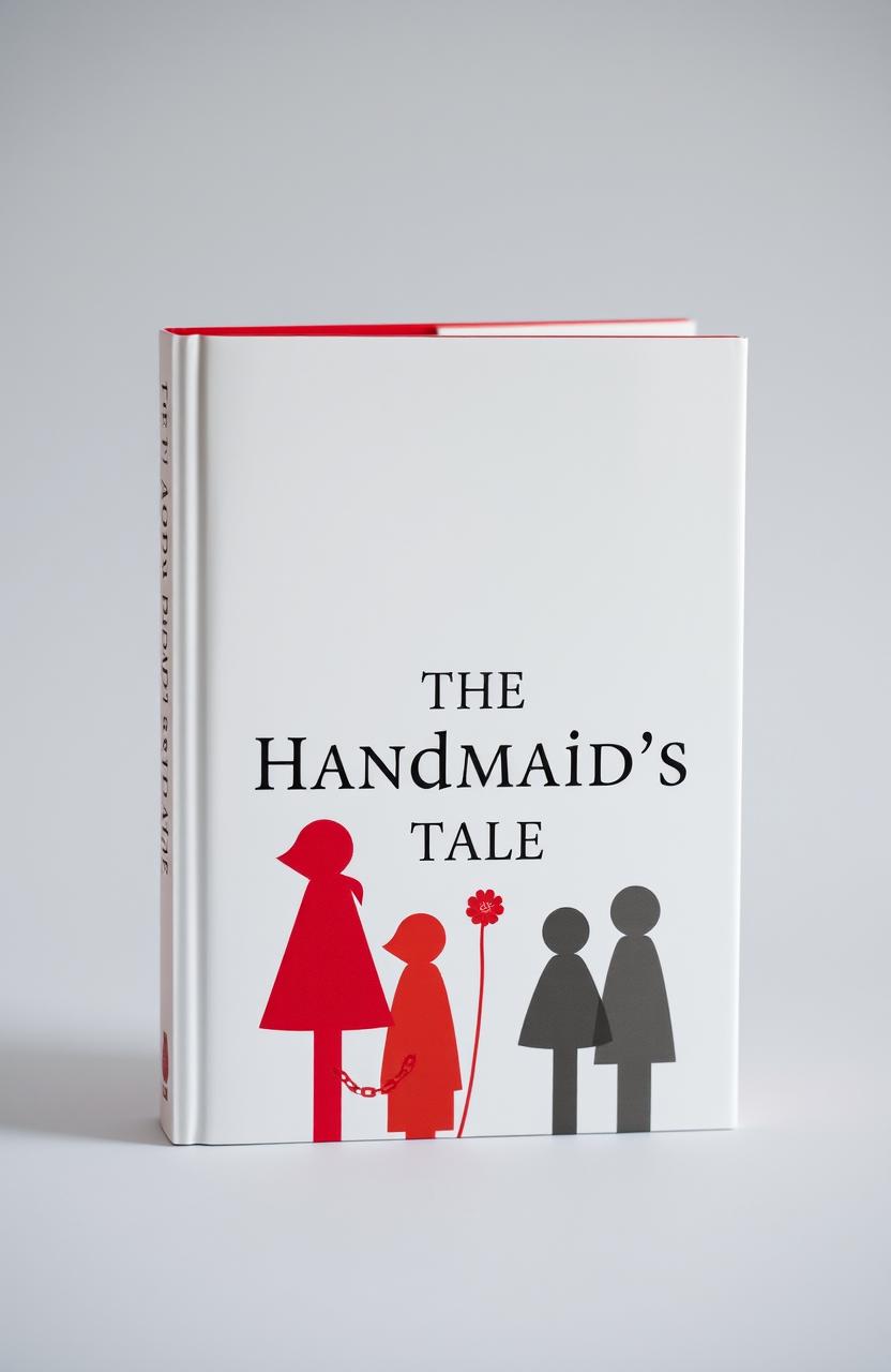 A book that resembles the themes of 'The Handmaid's Tale', featuring a striking design where the cover is primarily white with a red binding