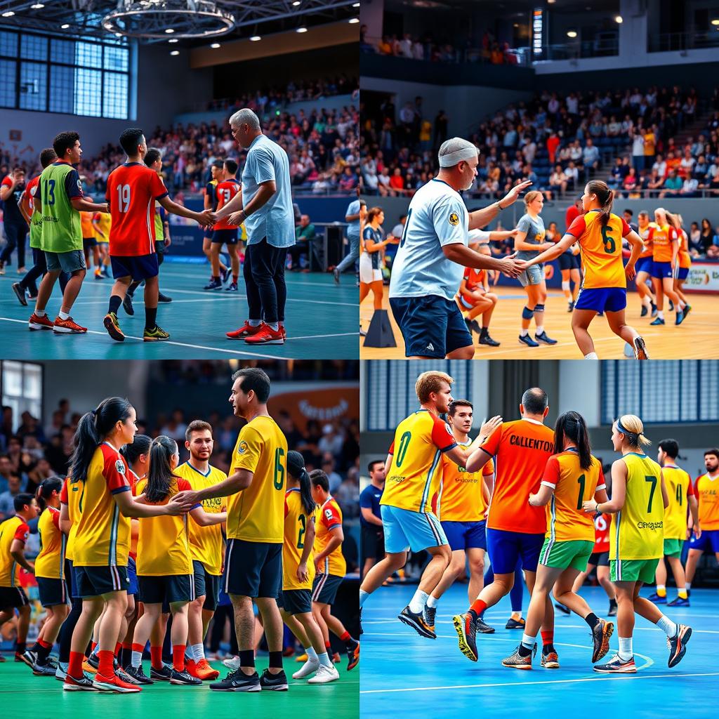 A vibrant quadrilateral collage of various real images depicting sportsmanship in futsal