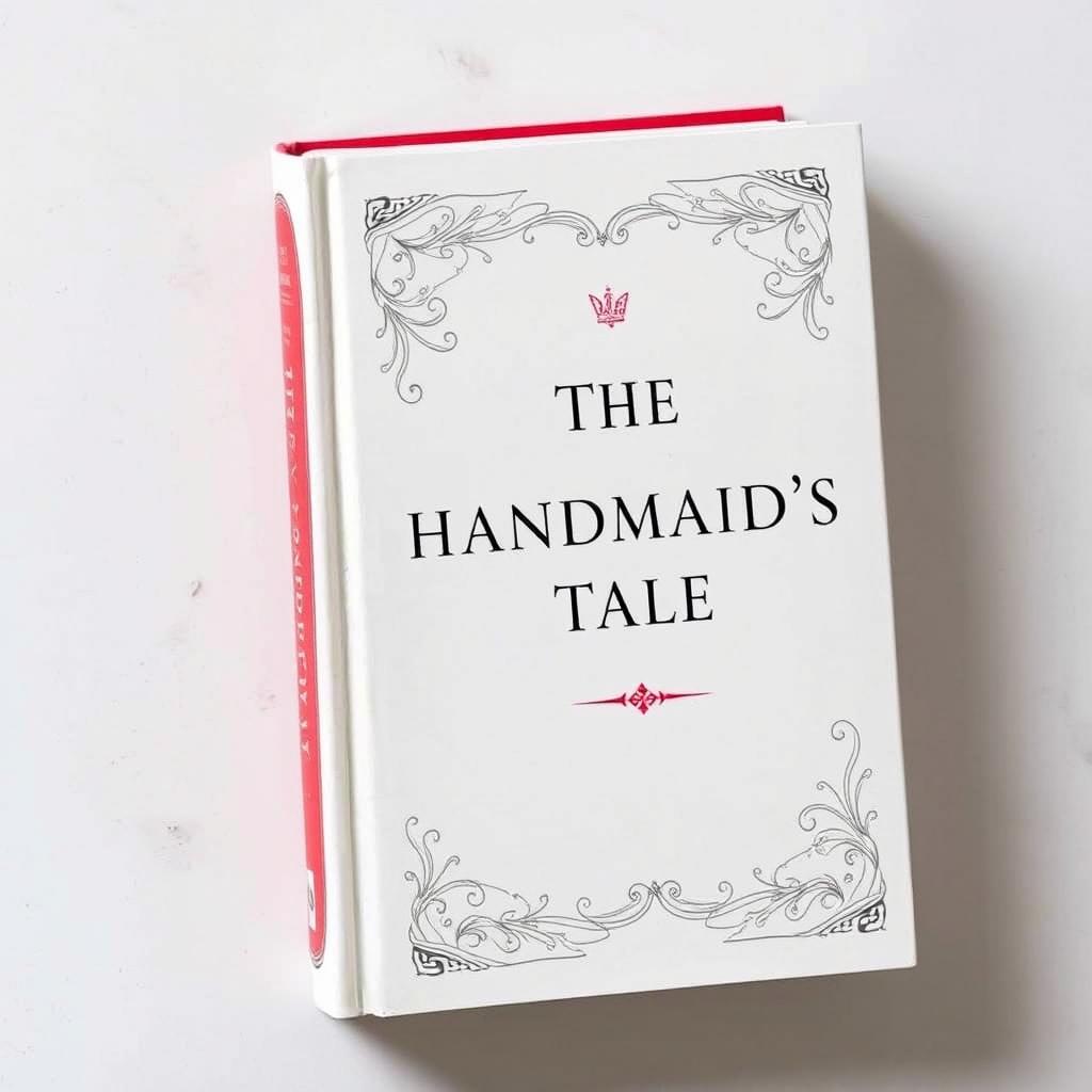 A book similar in theme to 'The Handmaid's Tale', featuring a striking design with a red spine and a predominantly white cover