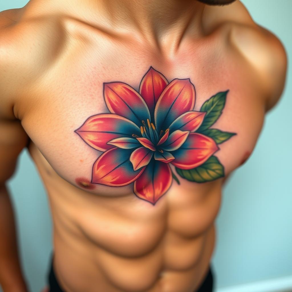A close-up of a beautiful and intricate chest tattoo featuring a large, realistic flower design