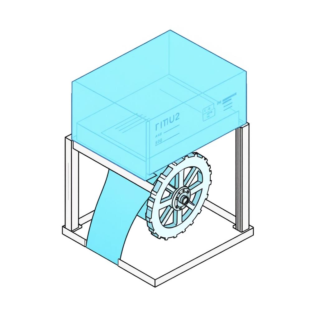 An isometric drawing of a mini hydroelectric power station, featuring a rotating closed wheel positioned below the frame