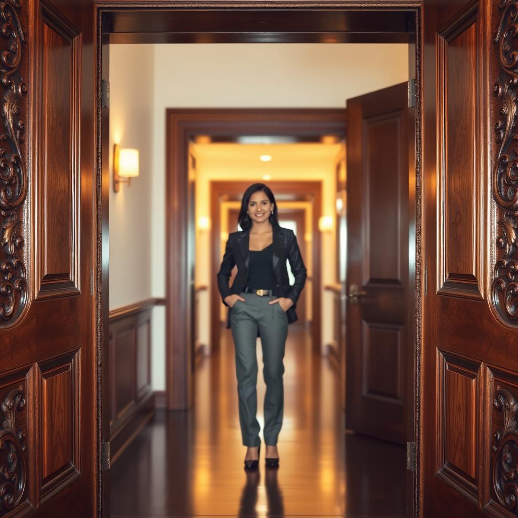 A figure standing confidently in the center of an open door, clearly separated from the surrounding perimeter of the door frame